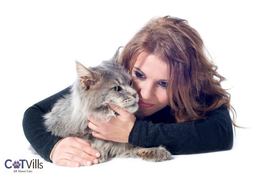 woman hugging a Maine coon. one of the Maine coon cats personality is being affectionate