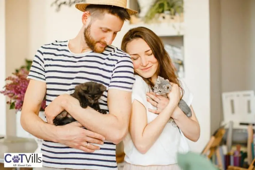 couple hugging their cats