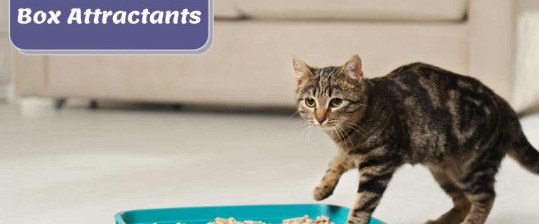 cat walking towards the litter box with CAT litter box attractant